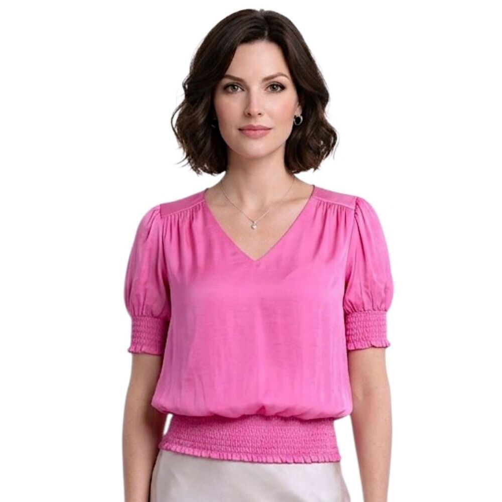 Philosophy Republic Pink V-neck Short Puff Sleeve Smocked Blouse Size M